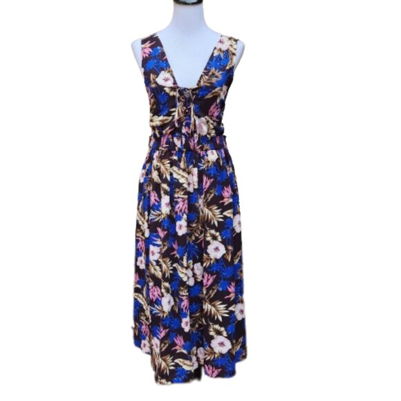 Everly Dark Purple Midi Dress Multicolor Floral Print Open-Back Lace-Up Neck - Picture 1 of 13